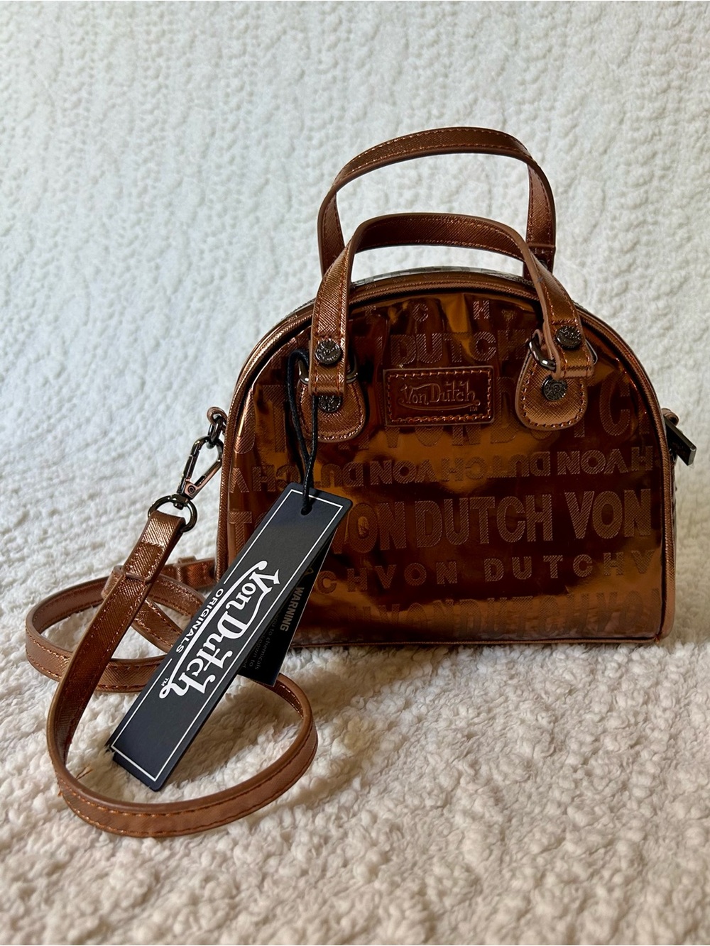 Von Dutch Metallic Brown Reflective Bowling Bag Bronze Y2K